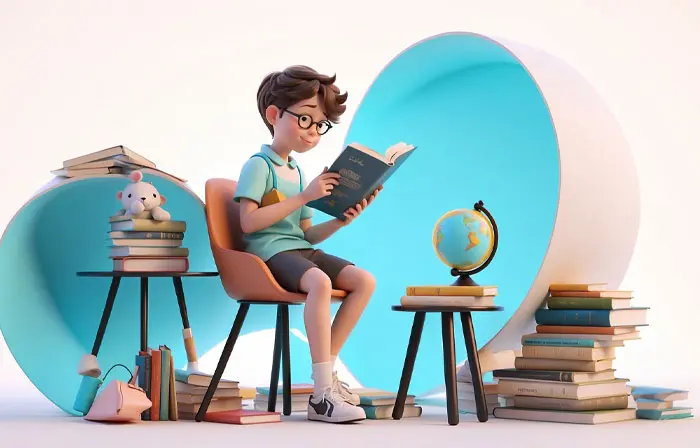 Little Boy Reading a Book 3D Cartoon Illustration image